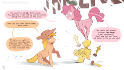 Size: 3840x2162 | Tagged: safe, artist:icychamber, applejack, pinkie pie, earth pony, pony, comic:the end, g4, award, duo, fourth wall, high res, simple background, speech bubble, text, white background