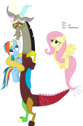 Size: 6000x9154 | Tagged: safe, artist:clashwolf3, edit, edited screencap, screencap, discord, fluttershy, rainbow dash, draconequus, pegasus, pony, g4, princess twilight sparkle (episode), season 4, dialogue, dialogue box, element of kindness, element of loyalty, female, flying, frown, holding a pony, male, mare, shutterfly, simple background, smiling, transparent background, vector, wings