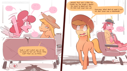 Size: 3840x2162 | Tagged: safe, artist:icychamber, applejack, pinkie pie, earth pony, pony, comic:the end, g4, comic, couch, duo, fake wings, high res, mute, simple background, speech bubble, text, white background