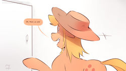 Size: 3840x2162 | Tagged: safe, artist:icychamber, applejack, earth pony, pony, comic:the end, g4, comic, door, female, high res, simple background, solo, speech bubble, text, white background