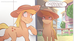 Size: 3840x2162 | Tagged: safe, artist:icychamber, applejack, earth pony, pony, comic:the end, g4, comic, door, duo, high res, text, thought bubble