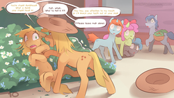 Size: 3840x2162 | Tagged: safe, artist:icychamber, applejack, earth pony, pony, comic:the end, g4, comic, high res, shocked, shocked expression, speech bubble, text