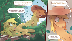 Size: 3840x2162 | Tagged: safe, artist:icychamber, applejack, earth pony, pony, comic:the end, g4, belly button, bush, comic, duo, high res, speech bubble, text