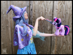 Size: 4032x3024 | Tagged: safe, artist:krazykari, trixie, twilight sparkle, human, pony, g4, boop, clothes, cosplay, costume, irl, irl human, magic wand, photo, plushie