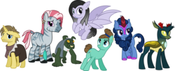 Size: 5300x2160 | Tagged: safe, artist:walrusinc, bat pony, changeling, diamond dog, earth pony, kirin, pony, unicorn, zebra, broken horn, clothes, colored hooves, critical role, ear piercing, earring, eyeshadow, hair bun, horn, jewelry, makeup, nose piercing, piercing, ponified, simple background, transparent background, vector
