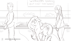 Size: 3840x2160 | Tagged: safe, artist:icychamber, fluttershy, human, pegasus, pony, comic:free fall, g4, cafeteria, comic, high res, monochrome
