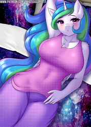 Size: 2144x3000 | Tagged: safe, alternate version, artist:twistedscarlett60, princess celestia, alicorn, anthro, g4, armpits, bed, big breasts, blushing, breasts, busty princess celestia, chest fluff, cleavage fluff, clothes, cute, cutelestia, ear fluff, eyeshadow, female, folded wings, high res, looking at you, makeup, on bed, pajamas, shoulder fluff, solo, stupid sexy celestia, underwear, wings