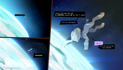 Size: 1920x1100 | Tagged: safe, artist:icychamber, oc, earth pony, pony, comic:the chosen one, comic, earth, falling, solo, space, spacesuit, speech bubble, text