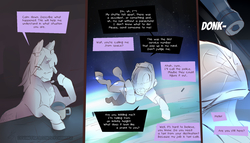 Size: 1920x1100 | Tagged: safe, artist:icychamber, earth pony, pony, unicorn, comic:the chosen one, comic, duo, earpiece, earth, space, spacesuit, speech bubble, text