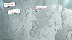 Size: 3840x2140 | Tagged: safe, artist:icychamber, apple bloom, scootaloo, sweetie belle, earth pony, insect, pegasus, pony, robot, unicorn, fanfic:flesh and blood, g4, comic, cutie mark crusaders, high res, monochrome, speech bubble, sweetie bot, text