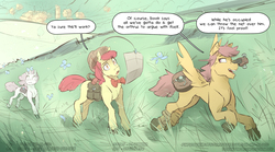 Size: 3840x2140 | Tagged: safe, artist:icychamber, apple bloom, scootaloo, sweetie belle, earth pony, pegasus, pony, unicorn, fanfic:flesh and blood, g4, comic, cutie mark crusaders, high res, speech bubble, text