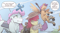 Size: 3840x2140 | Tagged: safe, artist:icychamber, apple bloom, scootaloo, sweetie belle, butterfly, earth pony, pegasus, pony, unicorn, fanfic:flesh and blood, g4, butterfly on horn, comic, cutie mark crusaders, high res, horn, mouth hold, speech bubble, text