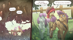 Size: 3840x2140 | Tagged: safe, artist:icychamber, apple bloom, scootaloo, sweetie belle, earth pony, pegasus, pony, unicorn, fanfic:flesh and blood, g4, comic, cutie mark crusaders, high res, speech bubble, text
