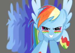 Size: 3973x2806 | Tagged: safe, artist:kehrminator, rainbow dash, pegasus, pony, dragonshy, g4, face paint, female, gray background, grin, high res, mare, paint, raised hoof, ready to fight, simple background, smiling, solo, spread wings, wings