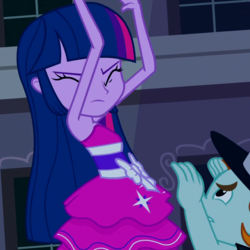 Size: 600x600 | Tagged: safe, screencap, snips, twilight sparkle, alicorn, equestria girls, g4, my little pony equestria girls, armpits, bare shoulders, clothes, cropped, dress, eyes closed, fall formal outfits, female, male, sleeveless, strapless, twilight ball dress, twilight sparkle (alicorn)
