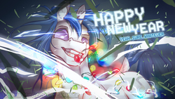 Size: 1920x1081 | Tagged: safe, artist:icychamber, dj pon-3, vinyl scratch, pony, unicorn, g4, christmas, christmas lights, female, happy new year, holiday, solo, text