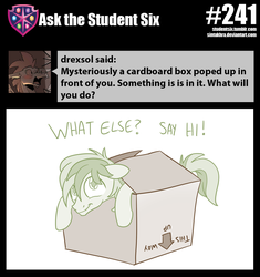 Size: 800x852 | Tagged: safe, artist:sintakhra, sandbar, earth pony, pony, tumblr:studentsix, g4, behaving like a cat, box, cardboard box, colored pupils, cute, floppy ears, looking at you, looking up, male, partial color, pony in a box, sandabetes, silly, silly pony, simple background, smiling, solo, stallion, text, white background