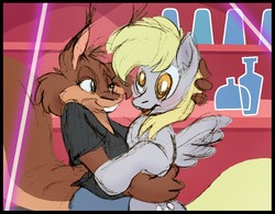 Size: 800x625 | Tagged: safe, artist:donotsue, derpy hooves, oc, oc:donotsue, pegasus, pony, squirrel, anthro, g4, anthro oc, anthro with ponies, artist avatar, bar, canon x furry, canon x oc, colored, furry, hug, nightclub, self insert, sketch, smiling
