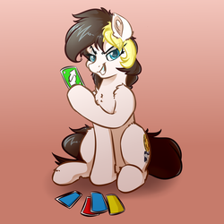 Size: 4000x4000 | Tagged: safe, artist:witchtaunter, oc, oc only, oc:double take, earth pony, pony, commission, looking at you, reaction image, sitting, solo, uno, uno reverse card