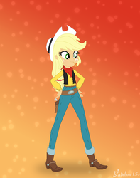 Size: 563x716 | Tagged: safe, artist:rainbow15s, applejack, equestria girls, g4, belt, boots, clothes, cowboy boots, cowboy hat, cowgirl, cowgirl outfit, crossover, female, gun, hat, jeans, lucky luke, pants, shoes, solo, stetson, vest, weapon