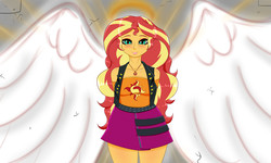 Size: 5000x3000 | Tagged: safe, artist:albertbm, sunset shimmer, angel, equestria girls, g4, arm behind back, blushing, clothes, crepuscular rays, female, geode of empathy, halo, high res, looking at you, magical geodes, smiling, solo, sunset shimmer is god, wings