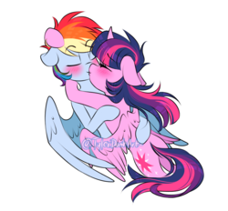 Size: 969x900 | Tagged: safe, artist:tylerdashart, rainbow dash, twilight sparkle, alicorn, pegasus, pony, blushing, embrace, eye clipping through hair, eyebrows, eyebrows visible through hair, eyes closed, female, floppy ears, kissing, lesbian, mare, shipping, signature, simple background, smiling, spread wings, twidash, twilight sparkle (alicorn), white background, wings