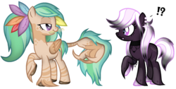 Size: 1391x703 | Tagged: safe, artist:angelofthewisp, artist:ponybasesrus, oc, oc only, oc:feather frolic, oc:moony moody, earth pony, original species, pegasus, pony, augmented tail, base used, bedroom eyes, brush, choker, claw, coat markings, ear piercing, earring, exclamation point, feather, female, interrobang, jewelry, lip piercing, mare, markings, mouth hold, piercing, ponytail, question mark, raised hoof, simple background, transparent background, unshorn fetlocks