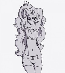 Size: 1141x1280 | Tagged: safe, artist:daedoodles, oc, oc only, earth pony, anthro, arm behind head, armpits, grayscale, looking at you, monochrome, one eye closed, smiling, solo, tube top, wink