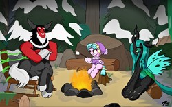 Size: 13800x8600 | Tagged: safe, artist:radiancebreaker, cozy glow, lord tirek, queen chrysalis, centaur, changeling, changeling queen, pegasus, pony, frenemies (episode), g4, absurd resolution, bow, clothes, cloven hooves, female, filly, fire, food, hair bow, losers club, male, marshmallow, nose piercing, nose ring, piercing, scene interpretation, septum piercing, trio