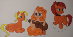 Size: 4340x2212 | Tagged: safe, artist:awgear, pear butter, stellar flare, sunflower spectacle, earth pony, pony, unicorn, g4, female, guitar, mare, mother's day, traditional art