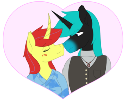 Size: 1362x1090 | Tagged: safe, artist:dyonys, derpibooru exclusive, oc, oc only, oc:angelo, oc:maya yamato, unicorn, semi-anthro, blushing, clothes, curved horn, eyes closed, female, heart, horn, jewelry, male, mare, shipping, simple background, stallion, yamangelo