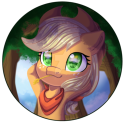 Size: 1280x1271 | Tagged: safe, artist:auroracursed, applejack, earth pony, pony, g4, arm behind head, armpits, bandana, bust, chibi, colored pupils, cowboy hat, cute, deviantart watermark, female, freckles, hat, jackabetes, mare, obtrusive watermark, simple background, solo, straw in mouth, transparent background, tree, watermark