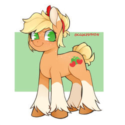 Size: 900x900 | Tagged: safe, artist:onionpwder, applejack, earth pony, pony, g4, abstract background, alternate hairstyle, coat markings, colored ears, colored hooves, female, hair bun, looking at you, mare, messy bun, no pupils, pac-man eyes, redesign, socks (coat markings), solo, tail bun, unshorn fetlocks