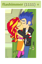 Size: 180x273 | Tagged: safe, flash sentry, sunset shimmer, derpibooru, equestria girls, g4, female, kissing, male, meta, ship:flashimmer, shipping, straight, tags