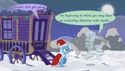 Size: 1280x720 | Tagged: safe, artist:evil-dec0y, trixie, oc, pony, comic:trixie vs., comic:trixie vs. hearth's warming, g4, christmas, clothes, costume, hat, holiday, santa costume, santa hat, trixie's wagon