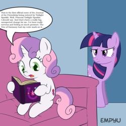 Size: 1000x1000 | Tagged: safe, artist:empyu, edit, sweetie belle, twilight sparkle, pony, unicorn, g4, book, duo, duo female, female, filly, foal, friendship journal, journal, mare, sweetie belle's book