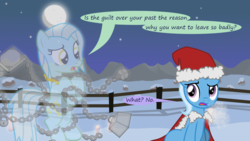 Size: 1280x720 | Tagged: safe, artist:evil-dec0y, trixie, oc, pony, comic:trixie vs., comic:trixie vs. hearth's warming, g4, christmas, clothes, costume, hat, holiday, santa costume, santa hat