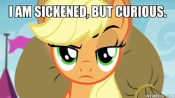 Size: 600x337 | Tagged: safe, edit, edited screencap, screencap, applejack, earth pony, pony, g4, trade ya!, caption, female, i'm sickened but curious, image macro, johnny bravo, memeful.com, solo, text