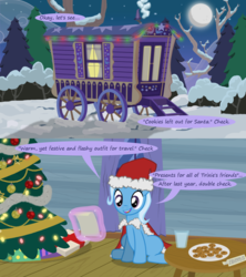 Size: 1280x1440 | Tagged: safe, artist:evil-dec0y, trixie, pony, comic:trixie vs., comic:trixie vs. hearth's warming, g4, christmas, christmas tree, clothes, costume, hat, holiday, santa costume, santa hat, tree, trixie's wagon