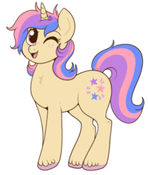 Size: 650x771 | Tagged: safe, artist:lulubell, oc, oc only, oc:cassiopeia, pony, unicorn, female, freckles, mare, one eye closed, open mouth, simple background, smiling, solo, white background, wink