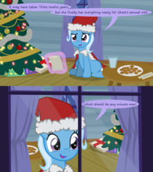 Size: 1280x1440 | Tagged: safe, artist:evil-dec0y, trixie, pony, comic:trixie vs., comic:trixie vs. hearth's warming, g4, christmas, christmas tree, clothes, costume, hat, holiday, santa costume, santa hat, tree