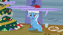 Size: 1280x720 | Tagged: safe, trixie, comic:trixie vs., comic:trixie vs. hearth's warming, g4, christmas, christmas tree, clothes, cookie, costume, food, hat, holiday, milk, santa costume, santa hat, tree