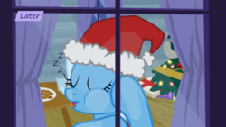 Size: 1280x720 | Tagged: safe, artist:evil-dec0y, trixie, pony, comic:trixie vs., comic:trixie vs. hearth's warming, g4, christmas, christmas tree, hat, holiday, santa hat, tree