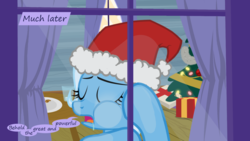 Size: 1280x720 | Tagged: safe, artist:evil-dec0y, trixie, pony, comic:trixie vs., comic:trixie vs. hearth's warming, g4, christmas, christmas tree, hat, holiday, santa hat, tree