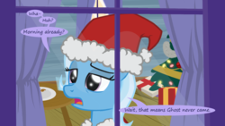 Size: 1280x720 | Tagged: safe, artist:evil-dec0y, trixie, pony, comic:trixie vs., comic:trixie vs. hearth's warming, g4, christmas, christmas tree, hat, holiday, santa hat, tree