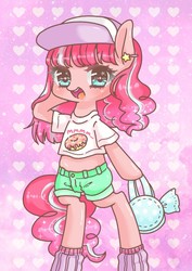 Size: 906x1280 | Tagged: safe, artist:yukutamil, pinkie pie, earth pony, semi-anthro, g4, alternate hairstyle, arm hooves, bipedal, cap, clothes, cute, diapinkes, donut, female, food, harajuku, hat, heart, hoof hold, multicolored hair, open mouth, purse, shorts, solo, starry eyes, wingding eyes