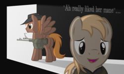 Size: 3792x2292 | Tagged: safe, artist:mrlolcats17, oc, oc only, oc:calamity, oc:calamity's father, pegasus, pony, fallout equestria, battle saddle, butt, dashite, duo, fanfic, fanfic art, gun, hat, high res, hooves, i really like her mane, male, neighvarro, open mouth, plot, rifle, saddle bag, spread wings, stallion, weapon, wings