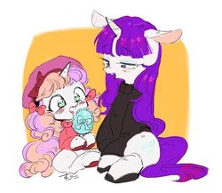 Size: 660x574 | Tagged: safe, artist:29axa, rarity, sweetie belle, pony, unicorn, g4, abstract background, alternate hairstyle, beatnik rarity, blushing, clothes, cute, diasweetes, duo, female, filly, hairbrush, lidded eyes, mare, mirror, no pupils, open mouth, siblings, sisters, sweater