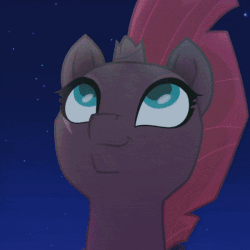 Size: 600x600 | Tagged: safe, screencap, tempest shadow, pony, g4, my little pony: the movie, broken horn, bust, cropped, cute, female, gif, horn, night, non-animated gif, portrait, smiling, solo, tempestbetes, when she smiles