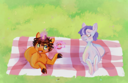 Size: 2000x1307 | Tagged: safe, artist:vocaloidenthusiast, oc, oc only, oc:paid postage, oc:triple shot, earth pony, pony, unicorn, apple, blanket, blue mane, blushing, brown hair, brown mane, cloven hooves, curls, curly hair, curly mane, cute, digital art, digital painting, eating, food, gay, green eyes, happy, hooves, levitation, looking at each other, love, lying down, lying on the ground, magic, male, orange, picnic, prone, scene, smiling, snacks, stallion, straked mane, telekinesis, two toned mane, white